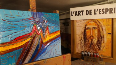 Malerei mit dem Titel "don de soi + christ…" von Frederic Servian, Original-Kunstwerk, Öl