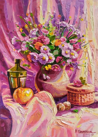 Natura morta in rosa Painting titled "Natura morta in rosa" by Vanya Georgieva, Original Artwork, Oil Mounted on Wood Stretcher frame