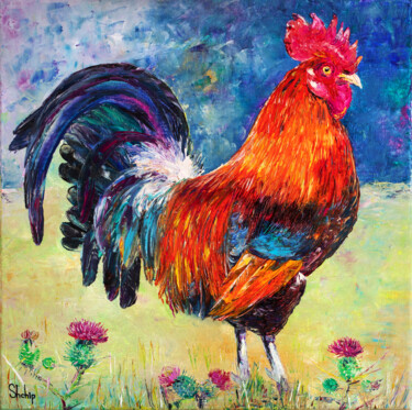 绘画 标题为“Rooster and Thistle” 由Natalia Shchipakina, 原创艺术品, 油 安装在木质担架架上