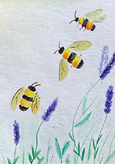 Desenho intitulada "bees" por Irinas_art_touch, Obras de arte originais, Aquarela
