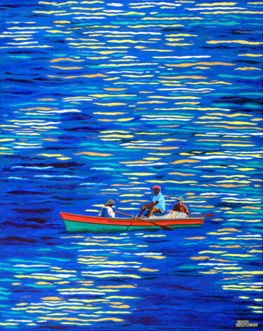 Pêcheurs caribéens, soleil doré 绘画 标题为“Pêcheurs caribéens,…” 由Pascal Poutchnine, 原创艺术品, 丙烯 安装在木质担架架上