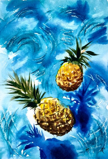 Pineapples 🍍 in the pool Malarstwo zatytułowany „Pineapples 🍍 in the…” autorstwa Ira Popovych, Oryginalna praca, Akwarela