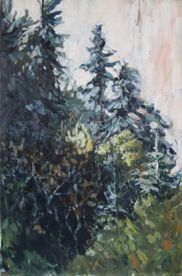 Painting titled "Cèdres,Luberon" by Marie-Odile Ginies, Original Artwork, Oil Mounted on Wood Stretcher frame
