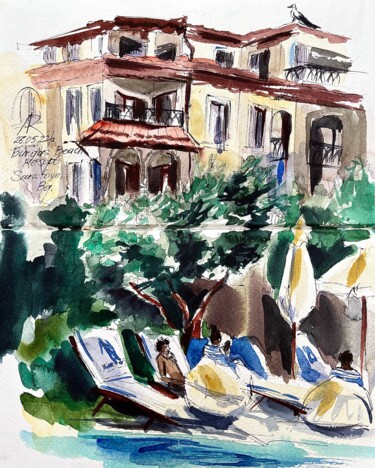 Burgas Beach Resort Pool Sketch, Bulgaria 🇧🇬 Peinture intitulée "Burgas Beach Resort…" par Ira Popovych, Œuvre d'art originale, Aquarelle
