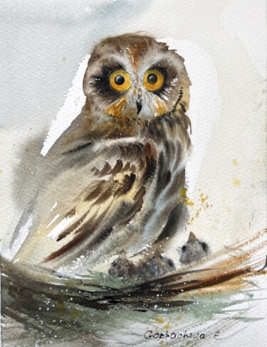 绘画 标题为“Owl in the nest” 由Eugenia Gorbacheva, 原创艺术品, 水彩