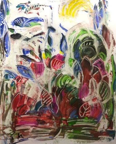 Painting titled "Paysage rêvé en arr…" by Regine Blot, Original Artwork, Acrylic Mounted on Wood Panel