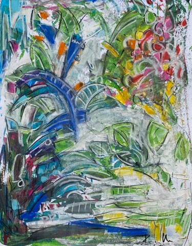 Nature décomposée avec eau, feuilles et fruits Painting titled "Nature décomposée a…" by Regine Blot, Original Artwork, Acrylic Mounted on Wood Panel