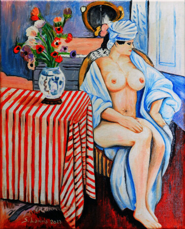 Meditating after bath 绘画 标题为“Meditating after ba…” 由Sergio Lanna (Sir Joe), 原创艺术品, 油 安装在木质担架架上