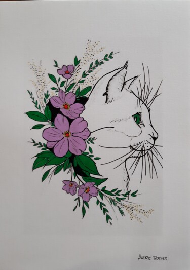 Pittura intitolato "Chat fleurs" da André Roeser, Opera d'arte originale, Acrilico