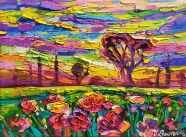 Painting titled "At sunset" by Vanya Georgieva, Original Artwork, Oil Mounted on Wood Stretcher frame