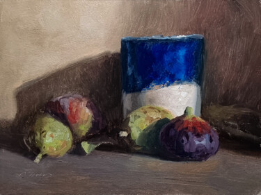Figs, Nuts and a Blue Cup Malerei mit dem Titel "Figs, Nuts and a Bl…" von Pascal Giroud, Original-Kunstwerk, Öl