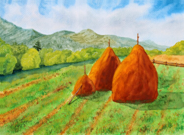 "Three piles of hay" Painting titled ""Three piles of hay"" by Tetiana Teresh, Original Artwork, Watercolor