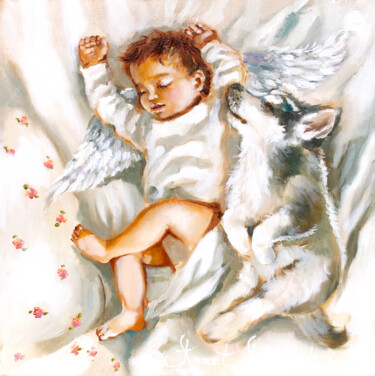 Angel & Furry Friend. Giclée Print Painting. 绘画 标题为“Angel & Furry Frien…” 由Annet Loginova, 原创艺术品, 数字打印