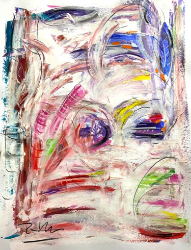 Une brise avec des éléments colorés et une plume Painting titled "Une brise avec des…" by Regine Blot, Original Artwork, Acrylic Mounted on Wood Panel