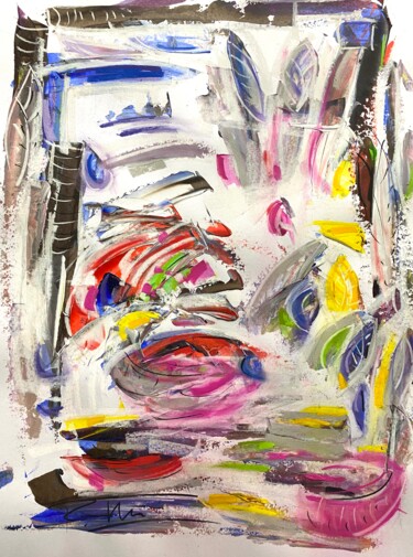 Mouvement en horizontal et vertical en rouge, violet, jaune Painting titled "Mouvement en horizo…" by Regine Blot, Original Artwork, Acrylic Mounted on Wood Panel
