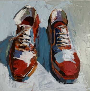 Pintura intitulada "Red man shoes." por Vita Schagen, Obras de arte originais, Óleo Montado em Cartão