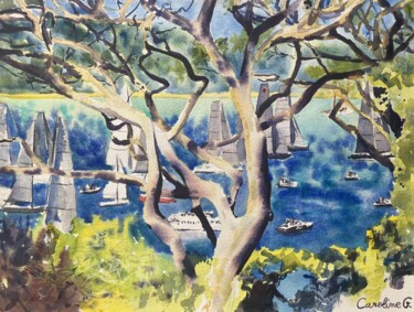 Les Voiles de Saint-Tropez à travers les pins parsols 绘画 标题为“Les Voiles de Saint…” 由Caroline Guizouarn, 原创艺术品, 水彩