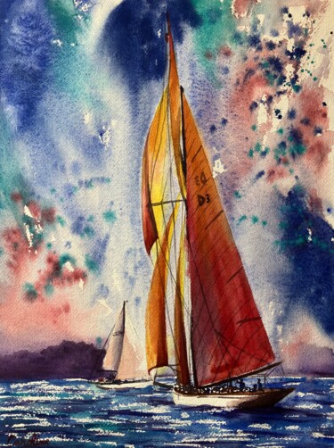Les Voiles de Saint-Tropez, voilier D3 绘画 标题为“Les Voiles de Saint…” 由Caroline Guizouarn, 原创艺术品, 水彩
