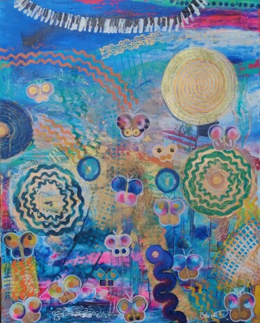 Painting titled "Butterflaje" by Celina Drzewiecka, Original Artwork, Acrylic Mounted on Wood Stretcher frame