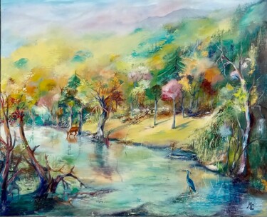 Peinture intitulée "Le héron bleu" par Michèle Labbrecayla, Œuvre d'art originale, Huile