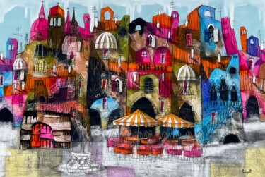 Pittura intitolato "La piazza del borgo" da Paolo Fumagalli, Opera d'arte originale, Olio