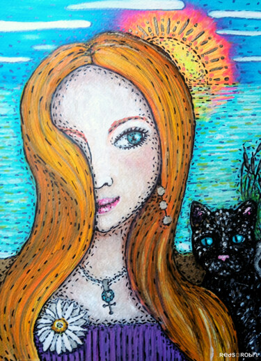 Dessin intitulée "La Fille sur la Pla…" par Karine Garelli (Reds Robin), Œuvre d'art originale, Gouache