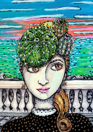 Dessin intitulée "Coiffée de 3 cactus…" par Karine Garelli (Reds Robin), Œuvre d'art originale, Marqueur