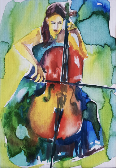Violoncello 图画 标题为“Violoncello” 由Andjela Milosevic, 原创艺术品, 水彩 安装在纸板上
