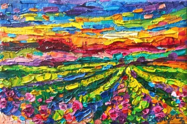 Painting titled "Vineyards at sunset" by Vanya Georgieva, Original Artwork, Oil Mounted on Wood Stretcher frame