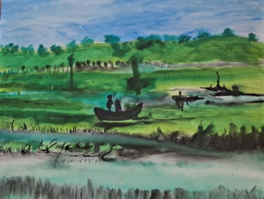 Painting titled "Landscape with boat" by Krishna Art Gallery, Original Artwork, Oil