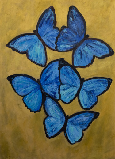 Blue Butterflies painting on gold background 「Blue Butterflies pa…」というタイトルの絵画 Alina Odwyerによって, オリジナルのアートワーク, オイル