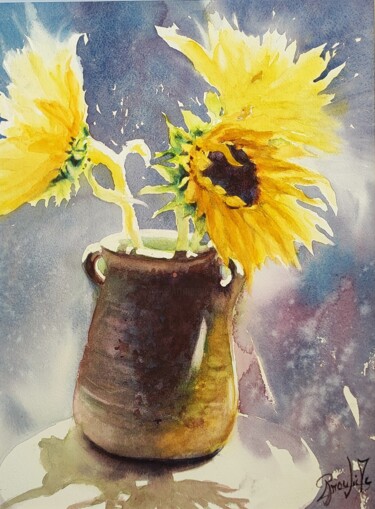 Peinture intitulée "Les 3 tournesols" par Marc Broudic, Œuvre d'art originale, Aquarelle