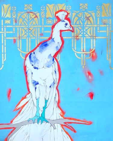 绘画 标题为“Snow peacock” 由Sylwia Wenska, 原创艺术品, 丙烯 安装在木质担架架上