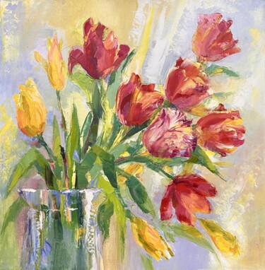 Painting titled "Тюльпаны" by Irina Gints, Original Artwork, Oil Mounted on Wood Stretcher frame