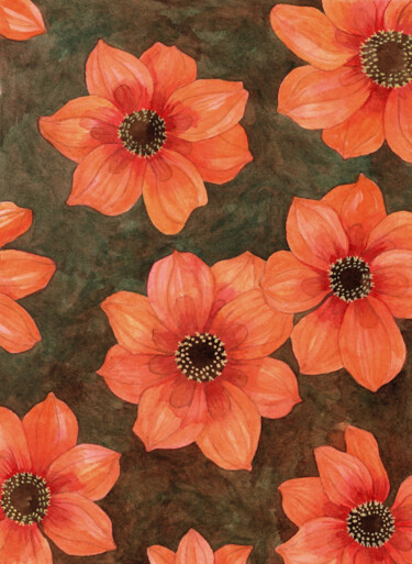Картина под названием "Dahlias" - Elodie Bougeois, Подлинное произведение искусства, Акварель