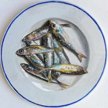 Painting titled "Fish still life Hor…" by Leyla Demir, Original Artwork, Oil Mounted on Wood Stretcher frame