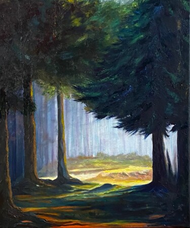 Painting titled "Sous-bois" by Cécile Dinge, Original Artwork, Oil Mounted on Wood Stretcher frame
