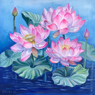 Dance of Pink Water Lilies 绘画 标题为“Dance of Pink Water…” 由Olga Volna, 原创艺术品, 油 安装在木质担架架上