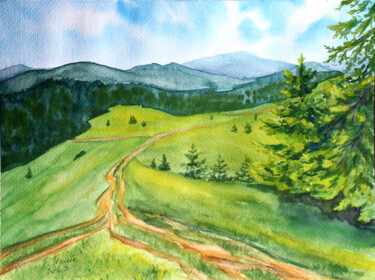 "A road along the mountain ridge" Painting titled ""A road along the m…" by Tetiana Teresh, Original Artwork, Watercolor