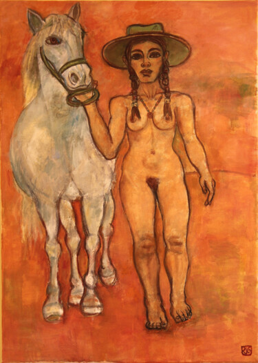 Orange Nude with Horse Peinture intitulée "Orange Nude with Ho…" par Robert Gibson, Œuvre d'art originale, Huile Monté sur Châssis en bois