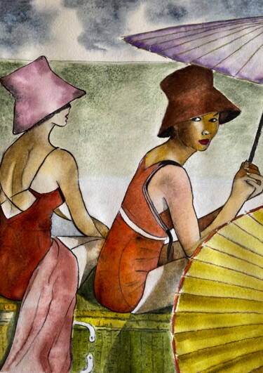 Peinture intitulée "Ombrelles" par Dominique Cointrel, Œuvre d'art originale, Aquarelle