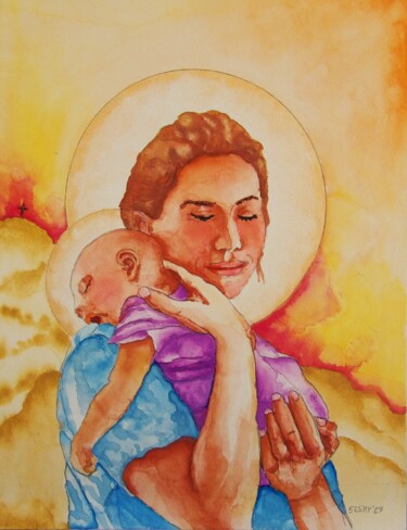 「Madonna and Child」というタイトルの絵画 Timothy Seeryによって, オリジナルのアートワーク, 水彩画