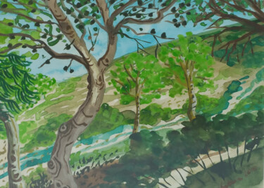 Pine trees on the Serra Gelada Peinture intitulée "Pine trees on the S…" par Kirsty Wain, Œuvre d'art originale, Aquarelle Monté sur Plexiglas