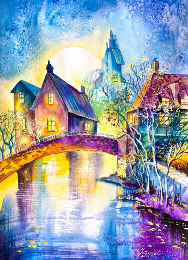 Colored houses watercolor painting Schilderij getiteld "Colored houses wate…" door Tatyana Ustyantseva, Origineel Kunstwerk, Aquarel