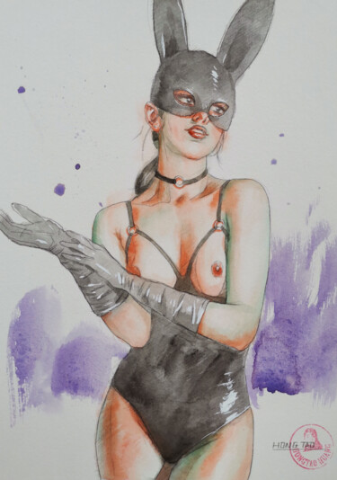 Painting titled "BUNNY GIRL" by Hongtao Huang, Original Artwork, Watercolor