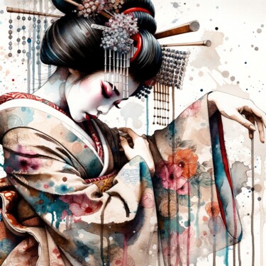 Arte digital titulada "Watercolor Geisha D…" por Chromatic Fusion Studio, Obra de arte original, Acuarela