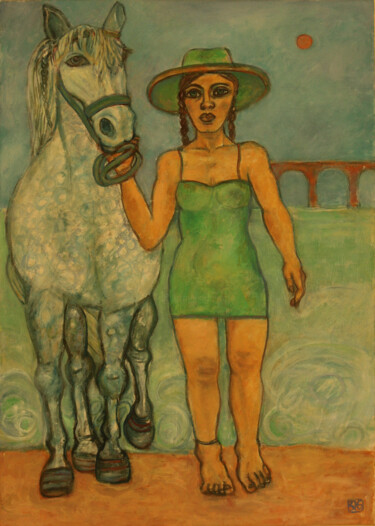 Femme au Cheval et robe d'été Peinture intitulée "Femme au Cheval et…" par Robert Gibson, Œuvre d'art originale, Huile Monté sur Châssis en bois