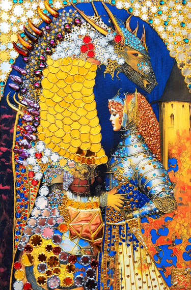 Woman knight and dragon. Fantasy art. Female portrait woman 绘画 标题为“Woman knight and dr…” 由Bast, 原创艺术品, 丙烯 安装在木质担架架上