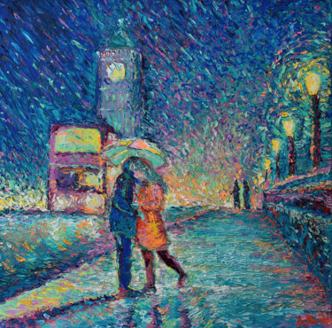 Lovers in Rainy London, original palette knife painting 제목이 "Lovers in Rainy Lon…"인 미술작품 Adriana Dziuba로, 원작, 아크릴