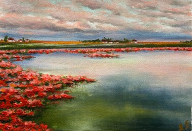 "Red Estuary" landscape with water and lotuses Pintura titulada ""Red Estuary" lands…" por Yana Yeremenko, Obra de arte original, Acrílico